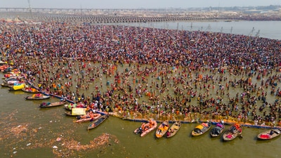 An aerial view of devotees taking a holy dip at Sangam on the occasion of 'Mahashivratri' during the ongoing ‘Maha Kumbh Mela’ festival, in Prayagraj, Uttar Pradesh, Wednesday, Feb. 26, 2025. (PTI) An aerial view of devotees taking a holy dip at Sangam on the occasion of 'Mahashivratri' during the ongoing ‘Maha Kumbh Mela’ festival, in Prayagraj, Uttar Pradesh, Wednesday, Feb. 26, 2025. (PTI)