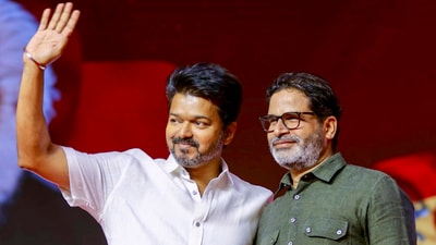 Thamizhaga Vettri Kazhagam (TVK) chief and actor Vijay with Jan Suraj chief Prashant Kishor during TVK's second anniversary celebrations, in Mamallapuram, Tamil Nadu on Wednesday. (PTI) Thamizhaga Vettri Kazhagam (TVK) chief and actor Vijay with Jan Suraj chief Prashant Kishor during TVK's second anniversary celebrations, in Mamallapuram, Tamil Nadu on Wednesday. (PTI)