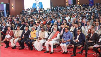 Prime Minister Narendra Modi, Assam Governor Lakshman Prasad Acharya, CM Himanta Biswa Sarma, external affairs minister S Jaishankar and others at the Advantage Assam 2.0 Investment and Infrastructure Summit in Guwahati on Tuesday. (ANI Photo)