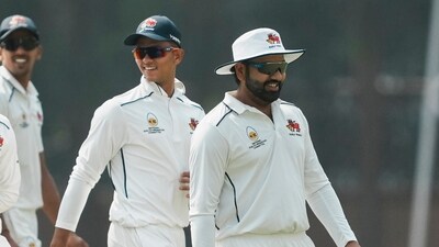 Mumbai's Rohit Sharma with Yashasvi Jaiswal during their Ranji Trophy appearance last month (PTI)