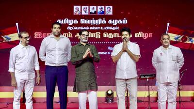Tamilaga Vettri Kazhagam (TVK) chief and actor Vijay with Jan Suraaj chief Prashant Kishor during TVK's anniversary celebrations, in Mamallapuram on Wednesday. (PTI)