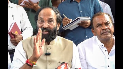 Telangana irrigation minister N Uttam Kumar Reddy addresses a press conference in Nagarkurnool district on Wednesday. (PTI) Telangana irrigation minister N Uttam Kumar Reddy addresses a press conference in Nagarkurnool district on Wednesday. (PTI)