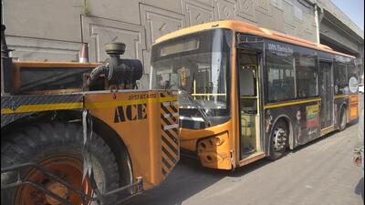 The bus is towed after the collision. (Sakib Ali/HT Photo) The bus is towed after the collision. (Sakib Ali/HT Photo)