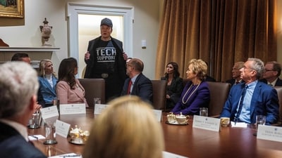 Leader of the Department of Government Efficiency Elon Musk wears a shirt that says "Tech Support" as he speaks during the first cabinet meeting of US President Donald Trump's second term in the Cabinet Room at the White House in Washington, DC, on February 26. (AFP)