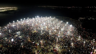 A drone shot of devotees gathered at the Triveni Sangam to take a holy dip on the occasion of Maha Shivratri on the last day of the Maha Kumbh Mela. (PTI) A drone shot of devotees gathered at the Triveni Sangam to take a holy dip on the occasion of Maha Shivratri on the last day of the Maha Kumbh Mela. (PTI)