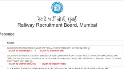Candidates from the Mumbai region who appeared in the first computer-based test (CBT 1) under CEN 01/2024 can check their results on the official RRB website where they applied for the test. Candidates from the Mumbai region who appeared in the first computer-based test (CBT 1) under CEN 01/2024 can check their results on the official RRB website where they applied for the test.