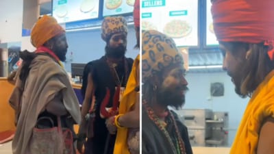 In the video, a woman is heard interacting with four sadhus inside a Dominos' outlet in Prayagraj. (Instagram/PrayagrajXpress) In the video, a woman is heard interacting with four sadhus inside a Dominos' outlet in Prayagraj. (Instagram/PrayagrajXpress)