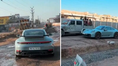 A video of a Porsche navigating a pothole-ridden road in India went viral. (Instagram/sirishchandran) A video of a Porsche navigating a pothole-ridden road in India went viral. (Instagram/sirishchandran)