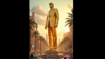 The video shared by Donald Trump features golden statues of him installed in the middle of roads. (Truth Social/Donald Trump) The video shared by Donald Trump features golden statues of him installed in the middle of roads. (Truth Social/Donald Trump)