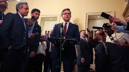 U.S. Speaker of the House Mike Johnson (R-LA) delivers remarks after the House passed the Republican's budget resolution on the spending bill on February 25, 2025 at the U.S. Capitol in Washington, DC. (Photo by Kayla Bartkowski / GETTY IMAGES NORTH AMERICA / Getty Images via AFP) (Getty Images via AFP)