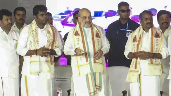 Union home minister Amit Shah (centre) with senior BJP leaders during the inauguration of a party office in Coimbatore, Tamil Nadu, on Wednesday. (PTI Photo)