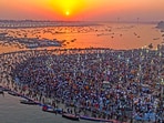 A view of Triveni Sangam during sunset as devotees offer prayers on the occasion of Maha Shivratri and the last day of Mahakumbh 2025, in Prayagraj on Wednesday. 