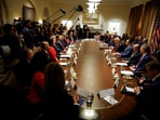 US President Donald Trump hosts his first cabinet meeting with Elon Musk in attendance, Washington, D.C on February 26.