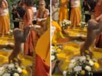 A wedding took an unexpected turn when a monkey sneaked in to steal sweets.