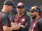 Younis Khan (C) with head coach Jonathan Trott (L) and captain Hashamtullah Shahidi (R) during Champions Trophy Younis Khan (C) with head coach Jonathan Trott (L) and captain Hashamtullah Shahidi (R) during Champions Trophy