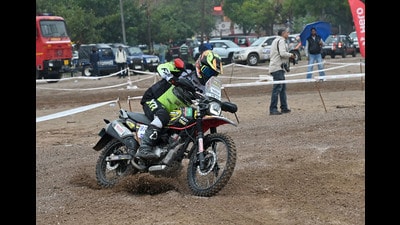 A motorcyclist in action during the inauguration of SJOBA rally at Sector 34 in Chandigarh on Thursday. (RAVI KUMAR/HT)