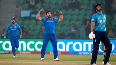 Afghanistan's Gulbadin Naib, center, celebrates after taking the wicket of England's Liam Livingstone (AP) Afghanistan's Gulbadin Naib, center, celebrates after taking the wicket of England's Liam Livingstone (AP)