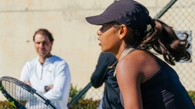 Rafael Nadal watches on as 15-year-old Maaya Rajeshwaran Revathi of India practices at the Rafael Nadal Academy in Mallorca. (Rafael Nadal Academy) Rafael Nadal watches on as 15-year-old Maaya Rajeshwaran Revathi of India practices at the Rafael Nadal Academy in Mallorca. (Rafael Nadal Academy)