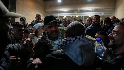 Palestinian prisoners are greeted after being released from Israeli prison following a ceasefire agreement between Israel and Hamas, in the West Bank city of Ramallah, Thursday, Feb. 27, 2025 (AP/Nasser Nasser) Palestinian prisoners are greeted after being released from Israeli prison following a ceasefire agreement between Israel and Hamas, in the West Bank city of Ramallah, Thursday, Feb. 27, 2025 (AP/Nasser Nasser)