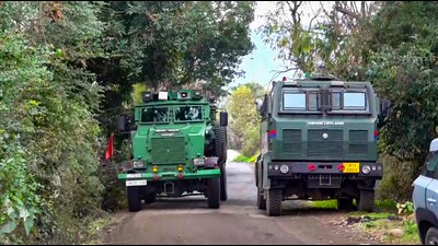 Security forces vehicles during a search operation to flush out terrorists who opened fire on an Army vehicle the previous day, near the Line of Control (LoC) in the Sunderbani sector of J&K’s Rajouri district, on Thursday. (PTI) Security forces vehicles during a search operation to flush out terrorists who opened fire on an Army vehicle the previous day, near the Line of Control (LoC) in the Sunderbani sector of J&K’s Rajouri district, on Thursday. (PTI)