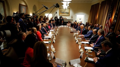 US President Donald Trump hosts his first cabinet meeting with Elon Musk in attendance, Washington, D.C on February 26. (REUTERS)
