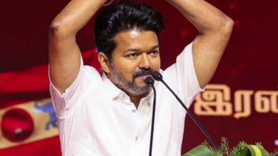 Tamilaga Vettri Kazhagam (TVK) chief and actor Vijay speaks during TVK's first anniversary celebrations, in Mamallapuram, Tamil Nadu, (PTI) Tamilaga Vettri Kazhagam (TVK) chief and actor Vijay speaks during TVK's first anniversary celebrations, in Mamallapuram, Tamil Nadu, (PTI)