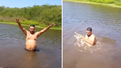 While swimming, a man accidentally caught a baby crocodile, causing a panic (Instagram/bajoellente11 ) While swimming, a man accidentally caught a baby crocodile, causing a panic (Instagram/bajoellente11 )