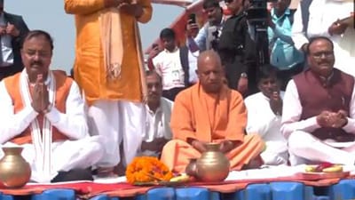 Following the conclusion of Maha Kumbh on Wednesday, Uttar Pradesh Chief Minister Yogi Adityanath, Deputy Chief Minister Brajesh Pathak, KP Maurya, and other cabinet members performed puja at Arail Ghat-Sangam in Prayagraj on Thursday. (ANI)