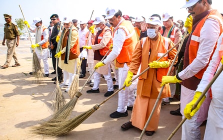 Prayagraj: UP CM Yogi Adityanath with Dy CMs Brajesh Pathak and Keshav Prasad Maurya takes part in a cleanliness campaign at the Sangam area a day after the conclusion of Mahakumbh 2025, in Prayagraj. (PTI) Prayagraj: UP CM Yogi Adityanath with Dy CMs Brajesh Pathak and Keshav Prasad Maurya takes part in a cleanliness campaign at the Sangam area a day after the conclusion of Mahakumbh 2025, in Prayagraj. (PTI)
