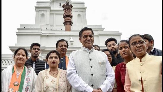 BJP lawmaker Mohan Singh Bisht outside the assembly. (ANI )