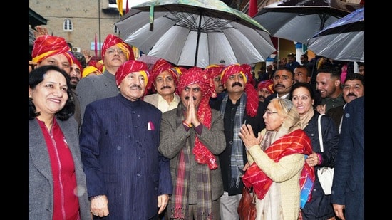 Himachal Chief minister Sukhvinder Singh Sukhu participating in the opening procession of seven-day long international Shivratri fair in Mandi on Thursday. (Birbal Sharma/ HT)