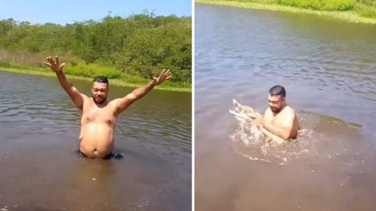 While swimming, a man accidentally caught a baby crocodile, causing a panic (Instagram/bajoellente11 )