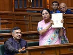 Delhi chief minister Rekha Gupta speaks in the house during the first session of the Delhi assembly.