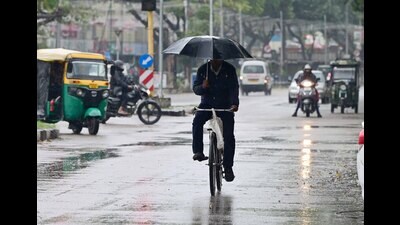 A cyclist taking cover from the rain in Sector 16, Chandigarh, on Friday. (Keshav Singh/HT)