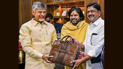 Andhra Pradesh chief minister N Chandrababu Naidu, deputy CM Pawan Kalyan and finance minister Payyavula Keshav before presentation of the state budget in the assembly in Amaravati on Friday. (PTI) Andhra Pradesh chief minister N Chandrababu Naidu, deputy CM Pawan Kalyan and finance minister Payyavula Keshav before presentation of the state budget in the assembly in Amaravati on Friday. (PTI)