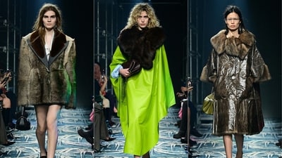 Models presenting creations by Prada for the Womenswear Ready-to-wear Fall-Winter 2025/2026 collection as part of the Milan Fashion Week. (AFP) Models presenting creations by Prada for the Womenswear Ready-to-wear Fall-Winter 2025/2026 collection as part of the Milan Fashion Week. (AFP)
