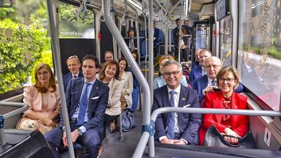 Members of the European Union’s College of Commissioners travel on a bus powered by hydrogen fuel cell technology to the Hyderabad House in New Delhi on Friday. (PTI) Members of the European Union’s College of Commissioners travel on a bus powered by hydrogen fuel cell technology to the Hyderabad House in New Delhi on Friday. (PTI)