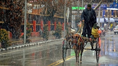 A man rides a traditional "tanga" (horse-drawn cart) through heavy snowfall at Lal Chowk in Srinagar, Jammu and Kashmir, on Thursday, February 27, 2025. The "tanga," a two-wheeled cart drawn by a horse, remains a mode of transport in some regions. (PTI) A man rides a traditional "tanga" (horse-drawn cart) through heavy snowfall at Lal Chowk in Srinagar, Jammu and Kashmir, on Thursday, February 27, 2025. The "tanga," a two-wheeled cart drawn by a horse, remains a mode of transport in some regions. (PTI)