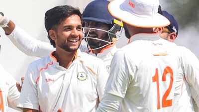 Nagpur: Vidarbha's Harsh Dubey with teammates celebrates after taking the wicket of Kerala's Salman Nizar (PTI) Nagpur: Vidarbha's Harsh Dubey with teammates celebrates after taking the wicket of Kerala's Salman Nizar (PTI)