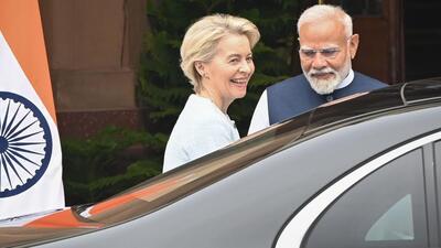 Prime Minister Narendra Modi and President of the European Commission Ursula von der Leyen ahead of their meeting at Hyderabad House in New Delhi. (HT Photo/ajay Aggarwal) Prime Minister Narendra Modi and President of the European Commission Ursula von der Leyen ahead of their meeting at Hyderabad House in New Delhi. (HT Photo/ajay Aggarwal)