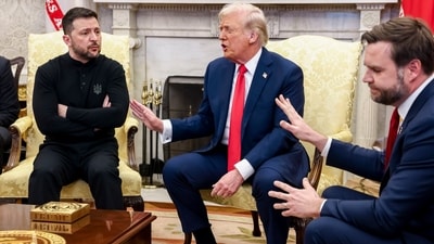Volodymyr Zelensky, Ukraine's president, from left, US President Donald Trump, and Vice President JD Vance during a meeting in the Oval Office of the White House in Washington, DC, US, on Friday, Feb. 28, 2025. (Bloomberg) Volodymyr Zelensky, Ukraine's president, from left, US President Donald Trump, and Vice President JD Vance during a meeting in the Oval Office of the White House in Washington, DC, US, on Friday, Feb. 28, 2025. (Bloomberg)