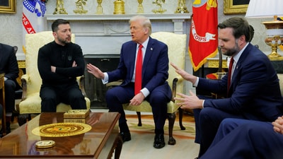 Ukrainian president Volodymyr Zelensky with US President Donald Trump and Vice-President JD Vance at the Oval House in the White House on February 28, 2025. (REUTERS)