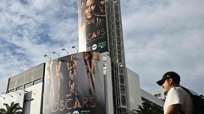 A sign for the 97th Annual Academy Awards featuring an image of host US comedian Conan O'Brien is seen on Hollywood Boulevard on February 27, 2025 ahead of the Oscars. (Photo by ANGELA WEISS / AFP) (AFP) A sign for the 97th Annual Academy Awards featuring an image of host US comedian Conan O'Brien is seen on Hollywood Boulevard on February 27, 2025 ahead of the Oscars. (Photo by ANGELA WEISS / AFP) (AFP)