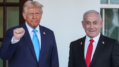 US President Donald Trump welcomes Israeli Prime Minister Benjamin Netanyahu at the entrance of the White House in Washington, U.S., February 4, 2025. (REUTERS FILE)