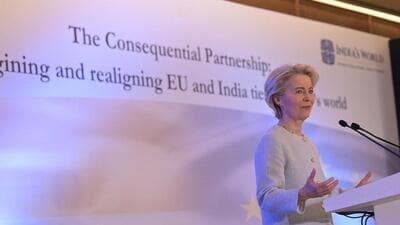 Ursula von der Leyen was speaking on the theme of “Reimagining and realigning EU and India ties for today’s world”. (Ursula von der Leyen | Official X account) Ursula von der Leyen was speaking on the theme of “Reimagining and realigning EU and India ties for today’s world”. (Ursula von der Leyen | Official X account)