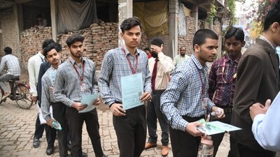 Outside St. Dominic savio's high school Danapur in patna where students standing in queue to appear for CBSE 10th Hindi exam today. (Santosh Kumar ) Outside St. Dominic savio's high school Danapur in patna where students standing in queue to appear for CBSE 10th Hindi exam today. (Santosh Kumar )