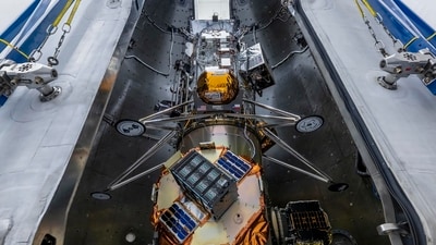 In this undated image released by NASA, Intuitive Machines’ newest lunar lander is seen attached to a SpaceX Falcon rocket. (NASA via AP) (AP) In this undated image released by NASA, Intuitive Machines’ newest lunar lander is seen attached to a SpaceX Falcon rocket. (NASA via AP) (AP)