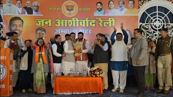 Ambala deputy mayor joining BJP in the presence of Chief Minister Nayab Singh Saini and former minister Aseem Goel. (HT Photo)