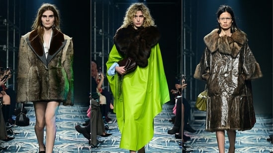 Models presenting creations by Prada for the Womenswear Ready-to-wear Fall-Winter 2025/2026 collection as part of the Milan Fashion Week. (AFP)