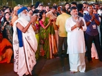 DK Shivakumar at Sadhguru Jaggi Vasudev’s Isha yoga centre.